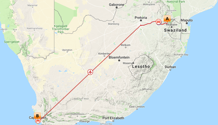 Kort over Safari & Cape Town