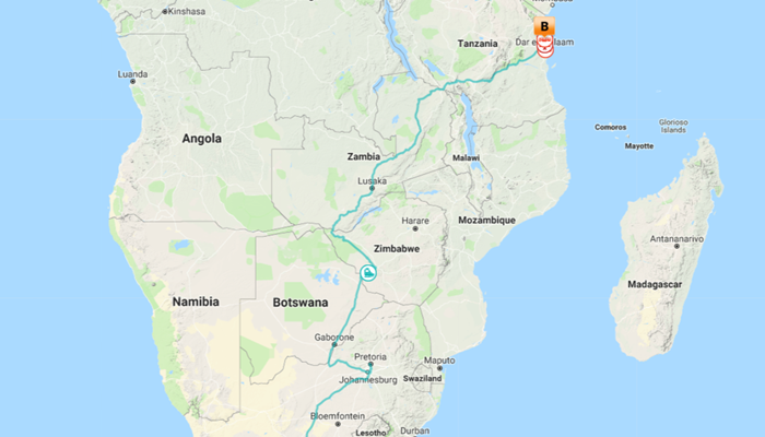 Kort over Cape Town til Dar es Salaam